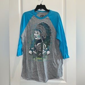 Secret Artist Graphic Raglan Baseball Tee • Tribal Headdress Design• Blue & Gray